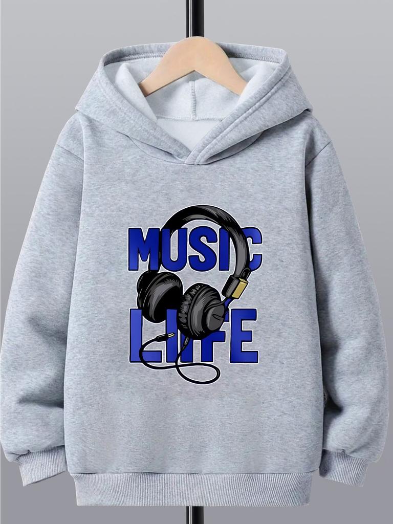 Patterned music-themed headphones, sporty and casual; stylish long-sleeved hoodie, boys' autumn/winter new sweatshirt.
