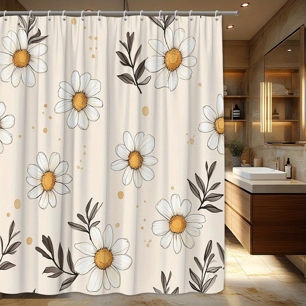 

1Pc Simple Floral Shower Curtain - Elegant White Daisies On A Beige Background - Machine Washable Polyester With Hooks W60H190(CM)-1 Pcs