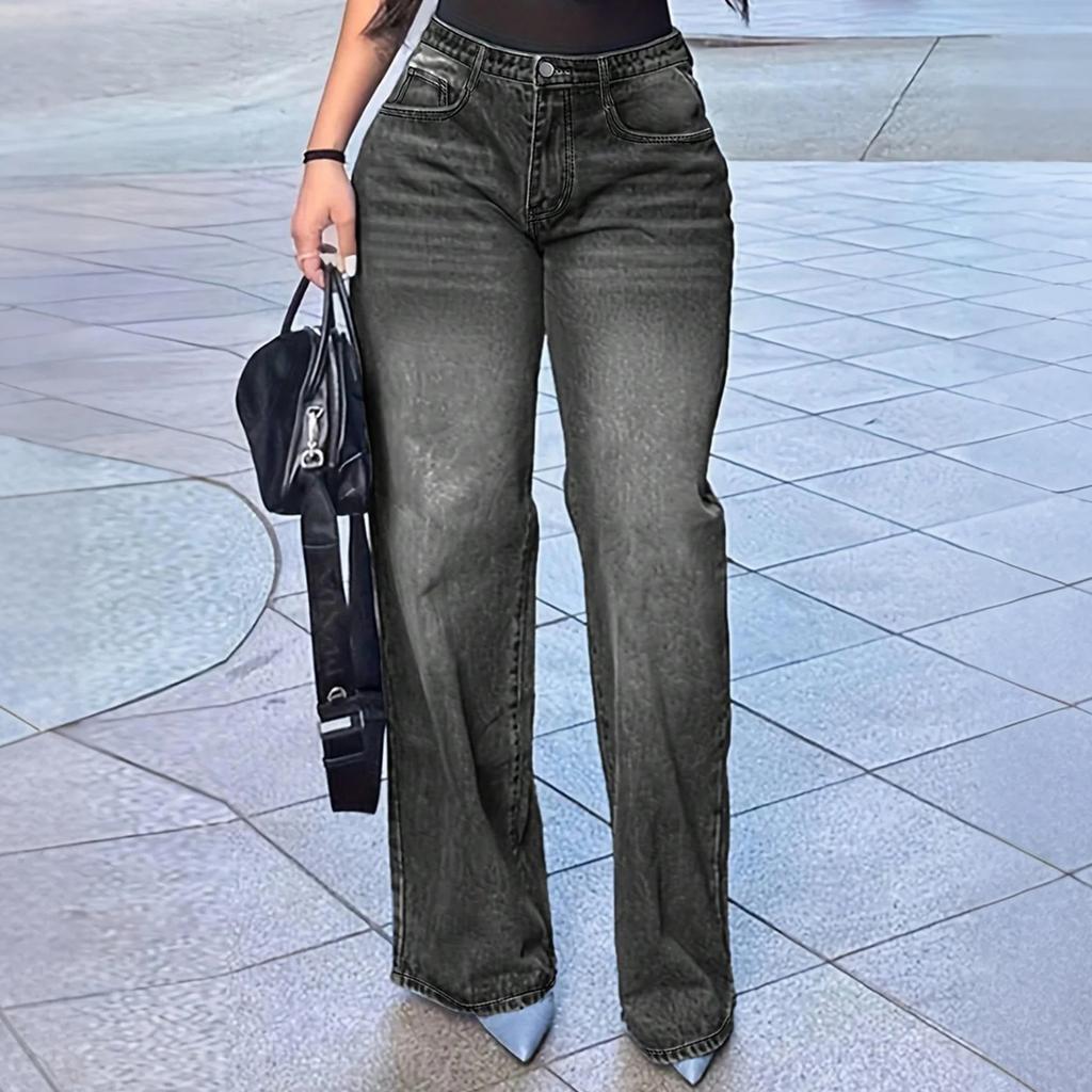 Women's High Waist Washed Women's Jeans Fashionable Versatile Straight Leg Pants