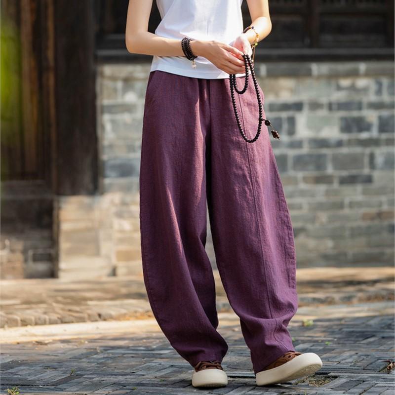 Johnature Women Straight Pants Solid Color Elastic Waist Autumn Trousers Loose Vintage Long Pants