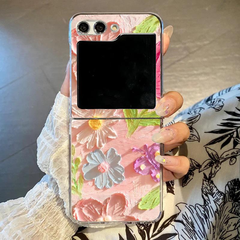 Retro Oil Painting Flower Phone Case For Samsung Galaxy Z Flip 6 5 3 4 Luxury PC Folding Hard Cover For Z Flip 7 Artistic Decor