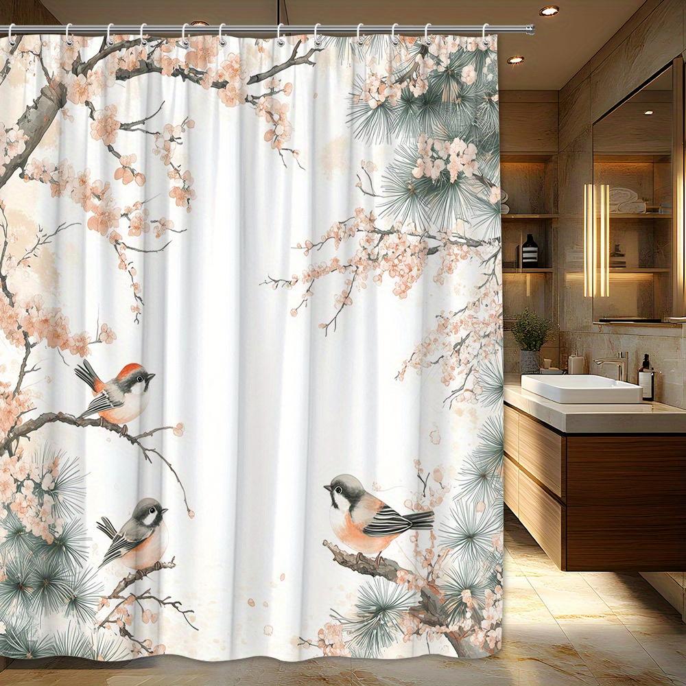 

1pc Cherry Blossom Birds Shower Curtain. Four Small Birds, Delicate Pink Blossoms. Green Pine Needles Traditional Japanese Art 90x180cm