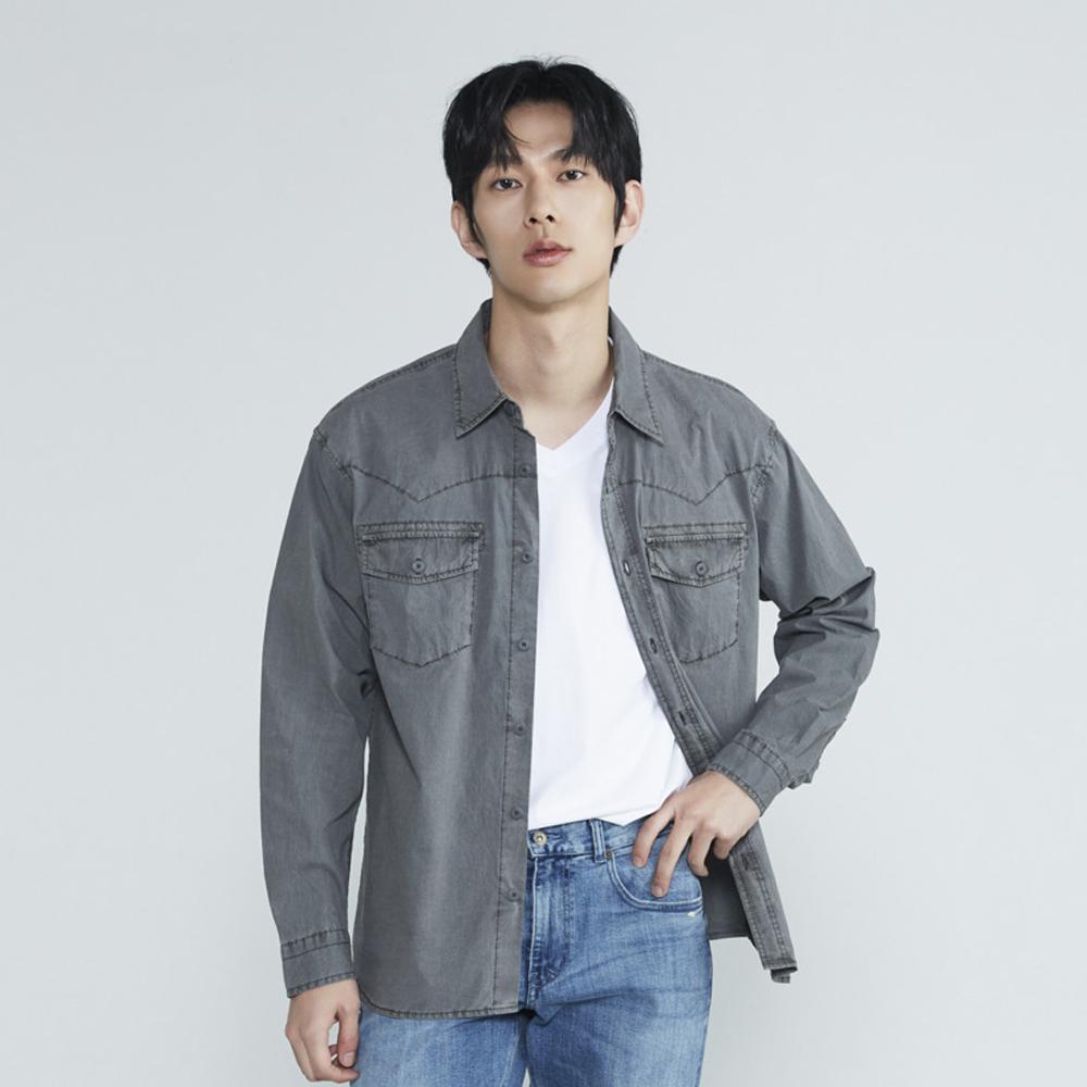 Burkeru Men S Garment-Dyed Pocket Western Shirt Charcoal Grey Khaki/Charcoal Grey_M