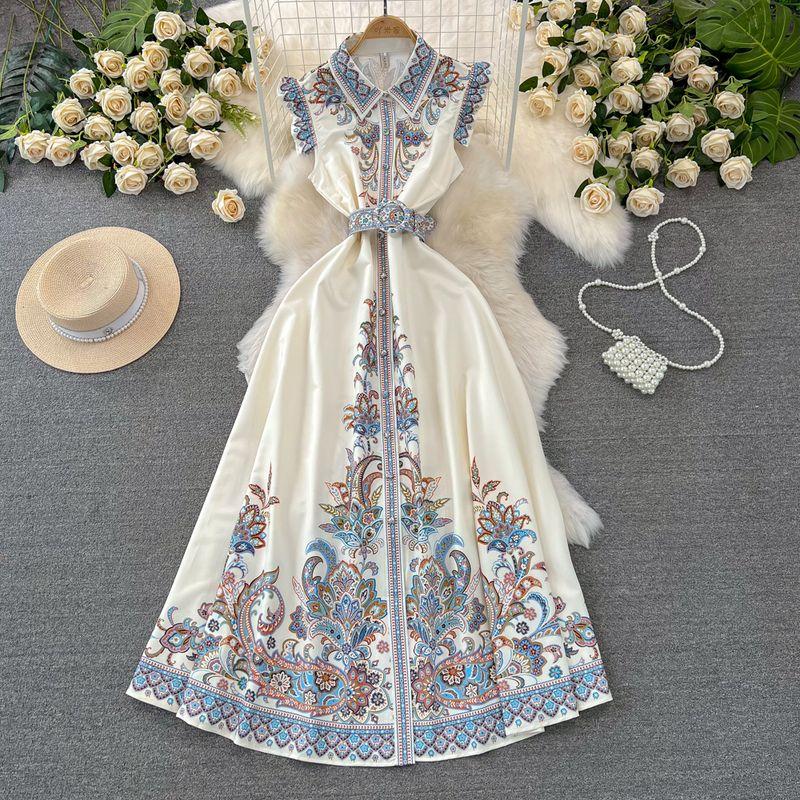 

Accessible Luxury Flying Sleeves Single-Breasted Dress Print Shirt Apricot XL