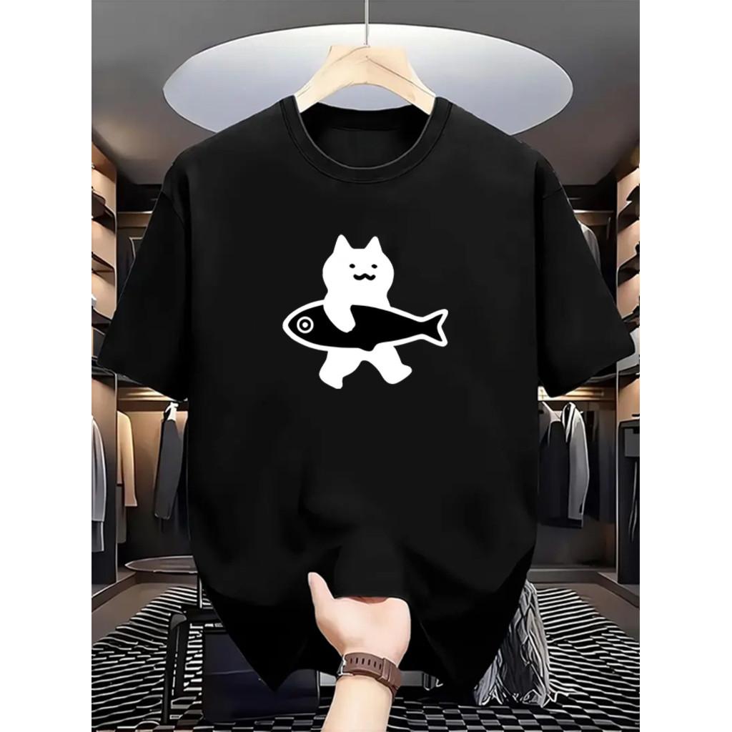Men s Casual Street Wear Graphic T-Shirt - Short Sleeve, Round Neck, Summer Fashion with Unique Cat & Fish Design, Casual Summer Clothing S разноцветный