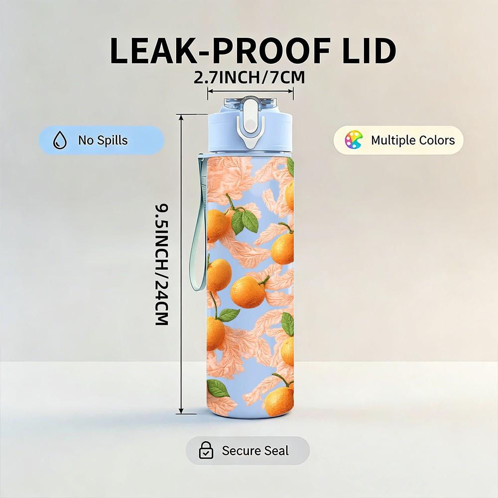 1PC Orange Citrus Fruit 750ml Color Plastic Sports Water Bottle Leakproof Flip Straw Lid Suitable for Sports Office Home Use