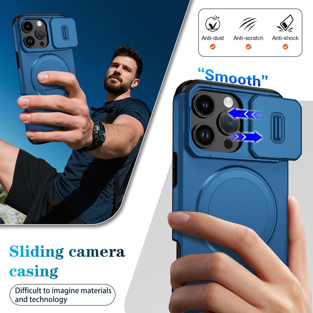 KEYSION Shockproof Magnetic Case for iPhone 16 Pro 16 Pro Max Slide Camera Protect Kickstand Wireless Charging Phone Back Cover