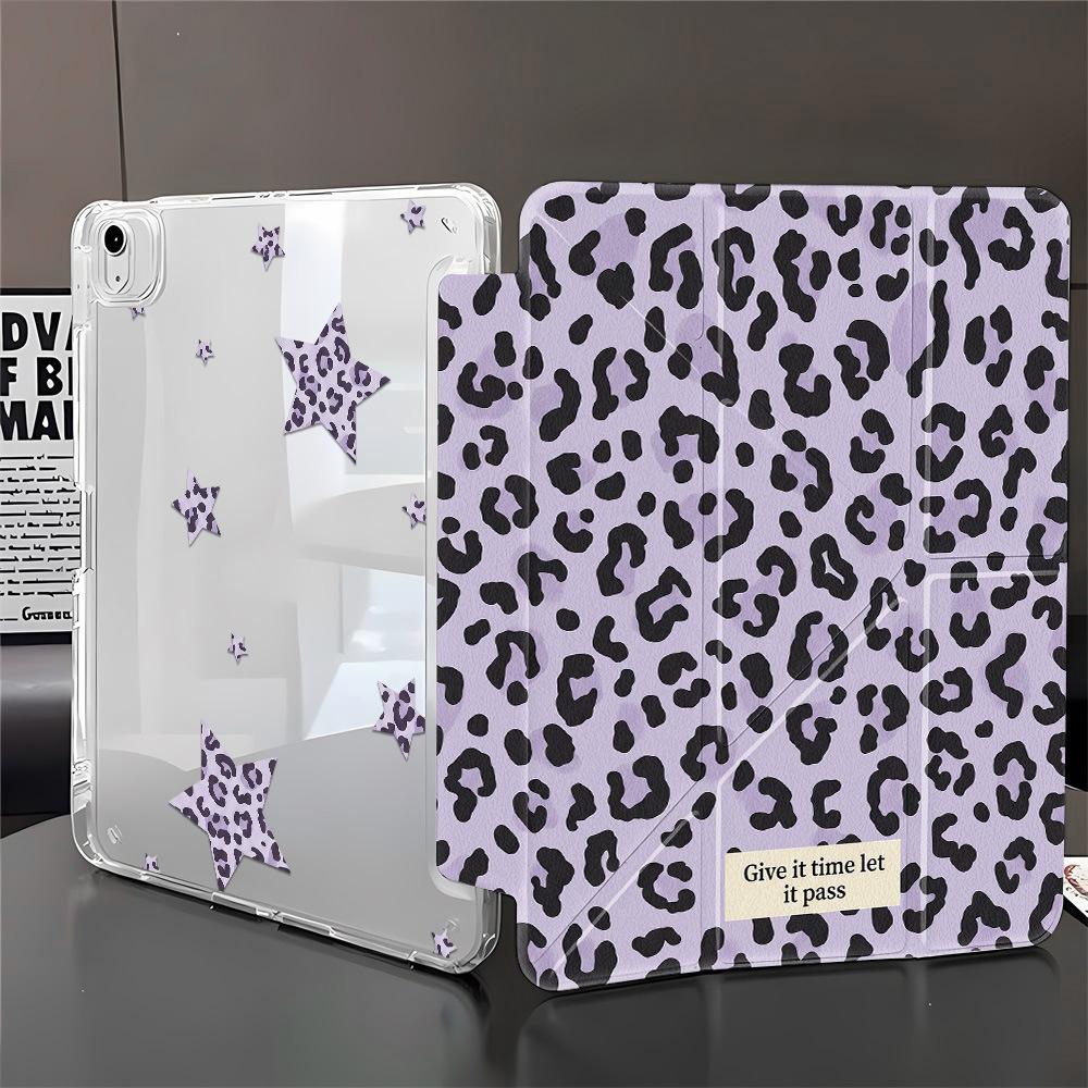 Purple Leopard Print Star Y Folding Sticker Tablet Protective Case for iPad 11 Inch Transparent iPad Pro with Pen Slot