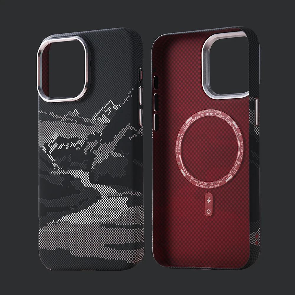 Abstract Landscape Relief for MagSafe Phone Case for iPhone 16 15 14 Pro Max 17 Wireless Charge Alloy Lens Shield Hard PC Cover