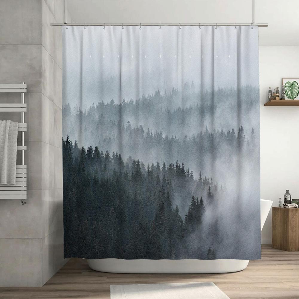 Forest Fog Shower Curtain Nature Mist Trees Landscape Backdrop Scenic Bathroom Decor Vintage Artistic Wall Hanging Tapestry