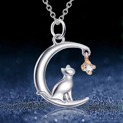 New Fashion Cute Micro-inlaid Moon Cat Pendant Necklace Female Valentine's Day Gift Jewelry