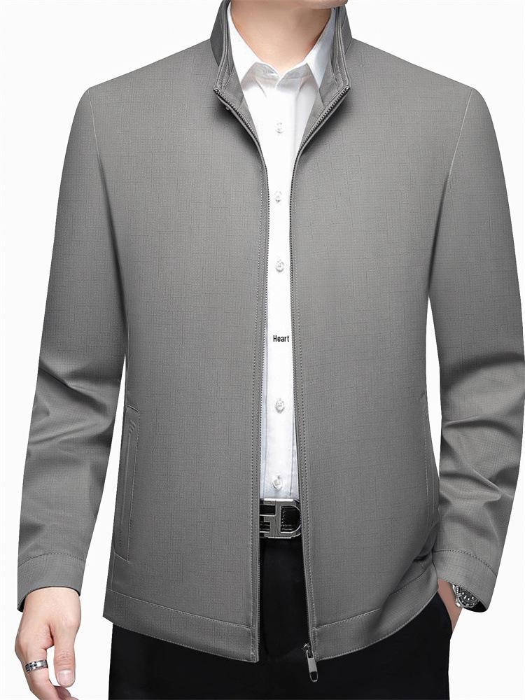 2026 Spring Men's Solid Color Stand Collar Zipper Jacket - Long Sleeve Business Casual Coat for Dad Trend.
