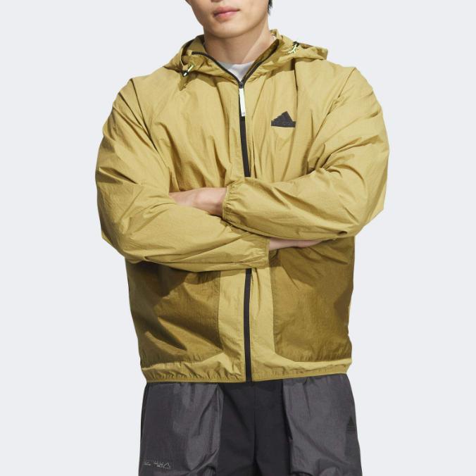 Adidas Lightweight Woven Jacket With Hood And Zip Men Outerwear Yellow Tan JI8659