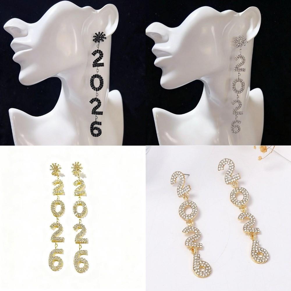 Rhinestone Happy New Year Earrings Jewelry Crystal Party Earrings Pendant 2026 Stud Earrings Girls
