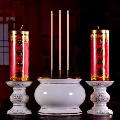 Ceramic Incense Burner White Porcelain Gilded Candlestick Offering Items In Front of Buddha Household Buddhist Temple Ornaments