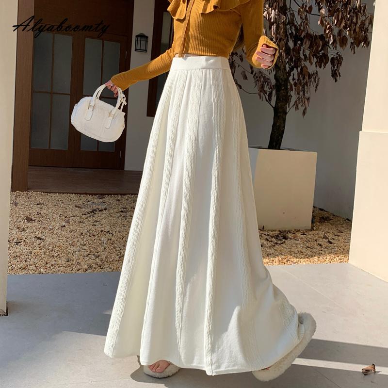 Autumn Winter Women Maxi Long Knitted Skirt Elastic Waist Beige Black Gray Knitting Thick Warm Skirt Elegant Feminine Basic Ladies' Pleated Skirt