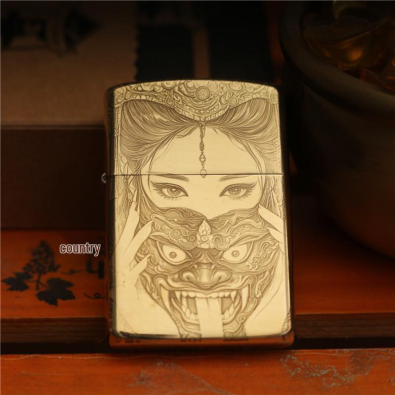 Zorro Exquisite Brass Kerosene Lighter: Double-sided Carving with Female Wealth God Motif