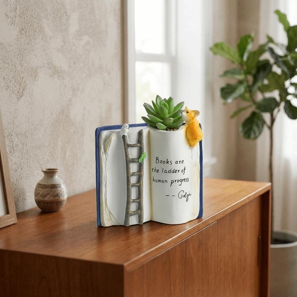 Compact Puppy Bird Ladder Planter Polyresin Open Book Flower Pot Book-Shaped Planter Office Use