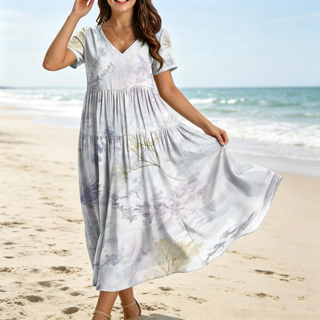 Frauen Casual Lose Bohemian Blumenkleid Kurzarm Lange Maxi Sommer Strand Swing Kleid