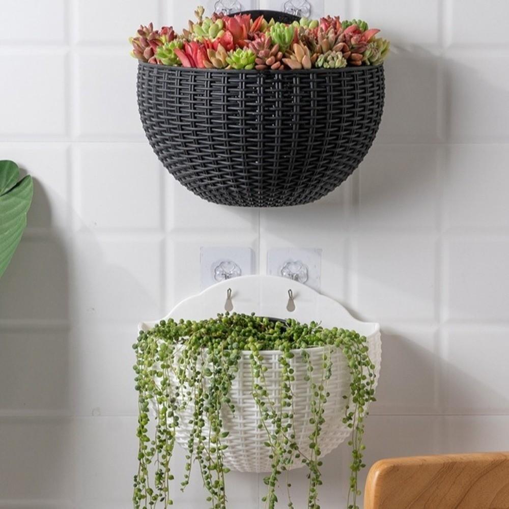 Plastic Rattan Weaving Hanging Flowerpot Half Round Over Fence Planter Wall Flower Pot  Flower Shop