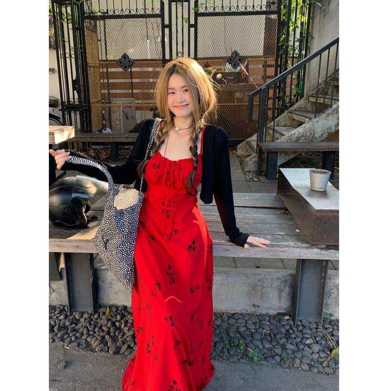 Plus size Chubby Girl French style Holiday Style Red Floral Sling Dress Women Summer New Waist Hugging Hide Meat A- line Skirt