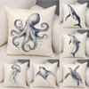 Watercolor Whale Sea Turtles Dolphins Cushion Cover Natural Linen Organic Fabric DoubleSided Printing Breathable For Decor