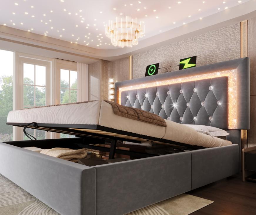 Kárpitozott Bársony Franciaágy 160x200 cm LED Gyémánt Csíkos Fejtámlával, USB/Type-C, Hidraulikus Tárolóbox, Ágyrács, Szürke (Matrac nélkül) 209 x 171 x 109 cm szürke