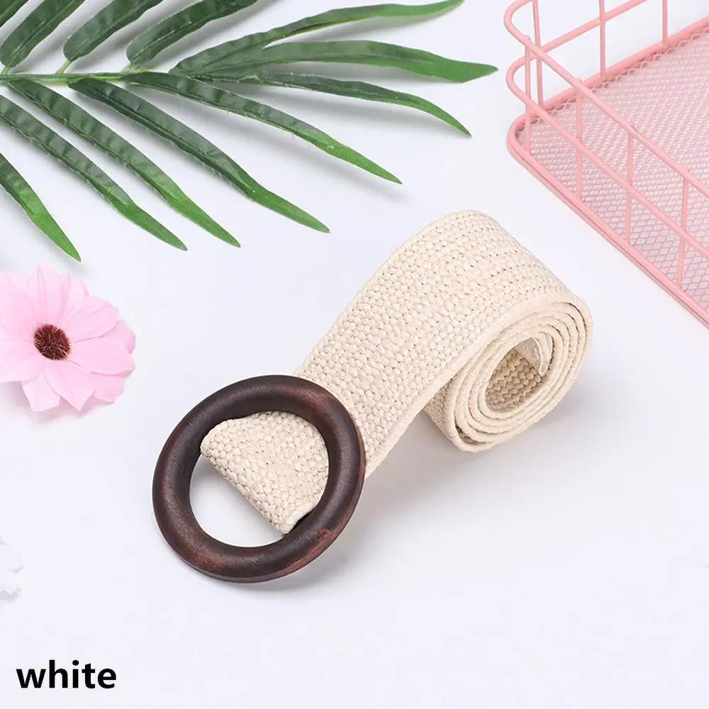 Round Wooden Buckle Dress Belt For Women Elastic Straw Belt Casual Braided Wide Strap Woven Girls PP Fashion Female Designer
