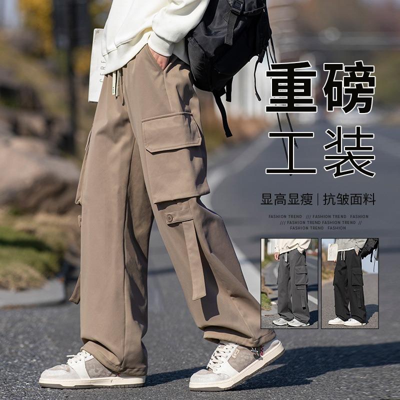 Overalls men's trendy brand spring enlarged multi-pocket casual pants loose straight pants men's pants