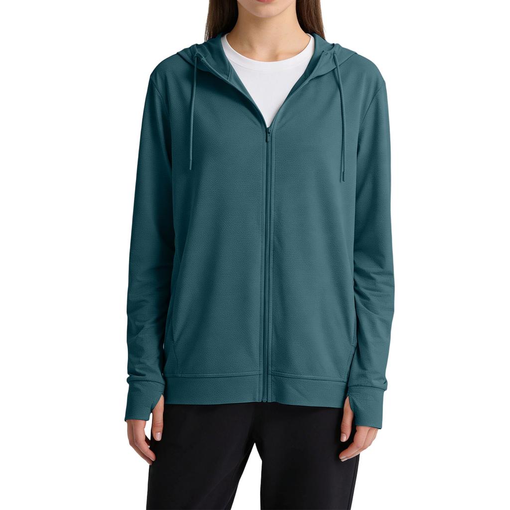 Lightweight Full Zip Hooded Jacket with Long Sleeves Breathable Fabric Casual Loose Fit Sun Outerwear