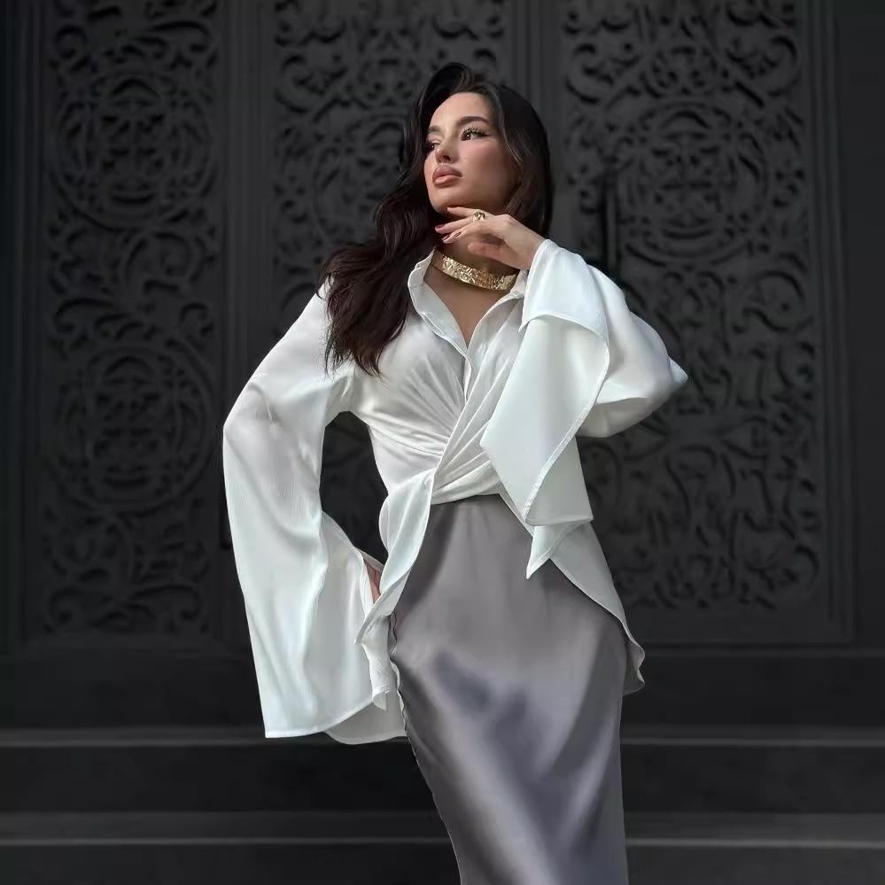Elegant Satin Long-Sleeve Shirt & Midi Skirt Set for Women 2024