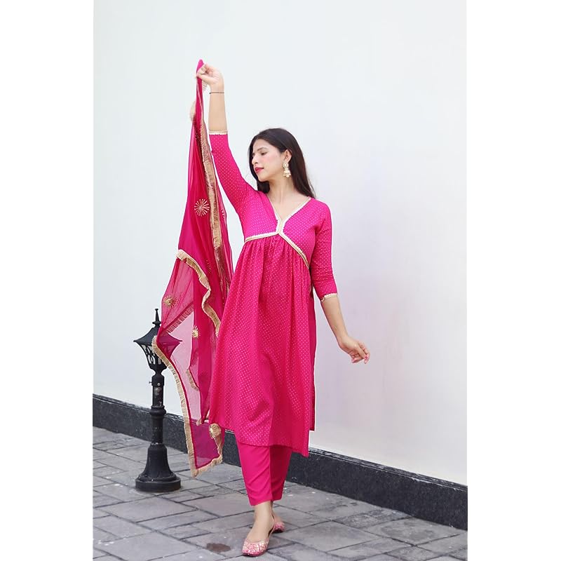 GoSriKi Women s Cotton Blend Straight Printed Kurta with Pant & Dupatta (SHRINIKA Pink-GS_L_Pink_Large) L розовый