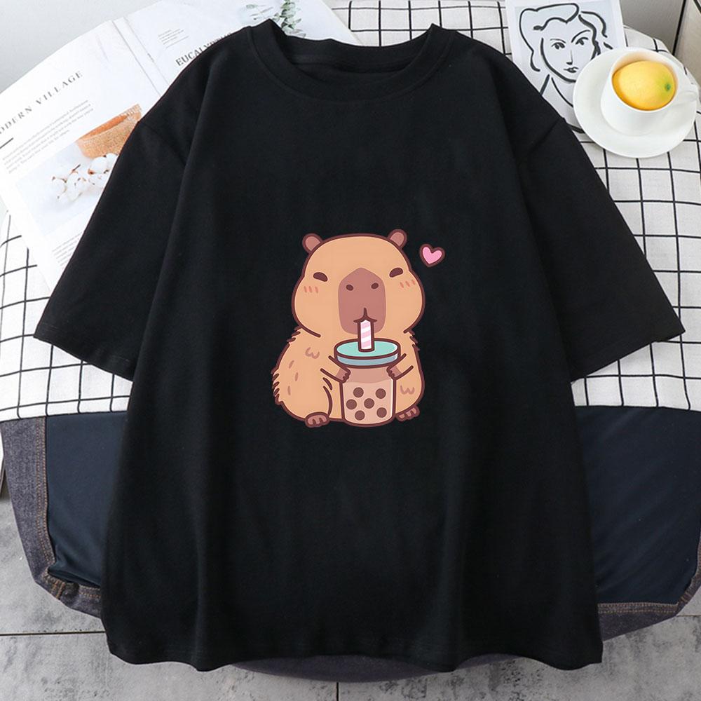 Capybara Loves Drinking Bubble Tea Tricou 100% Bumbac Haine de vară Casual Femei/Bărbați Tricou Kawaii Drăguțe Fete Cămăși Moda