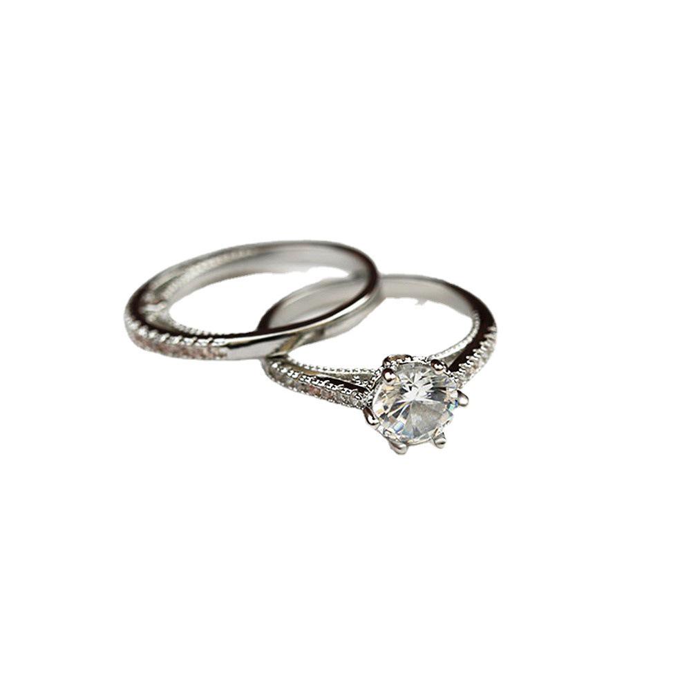 2024 European & American Style Women's White Gold-Plated Copper Zircon Couple Rings Set