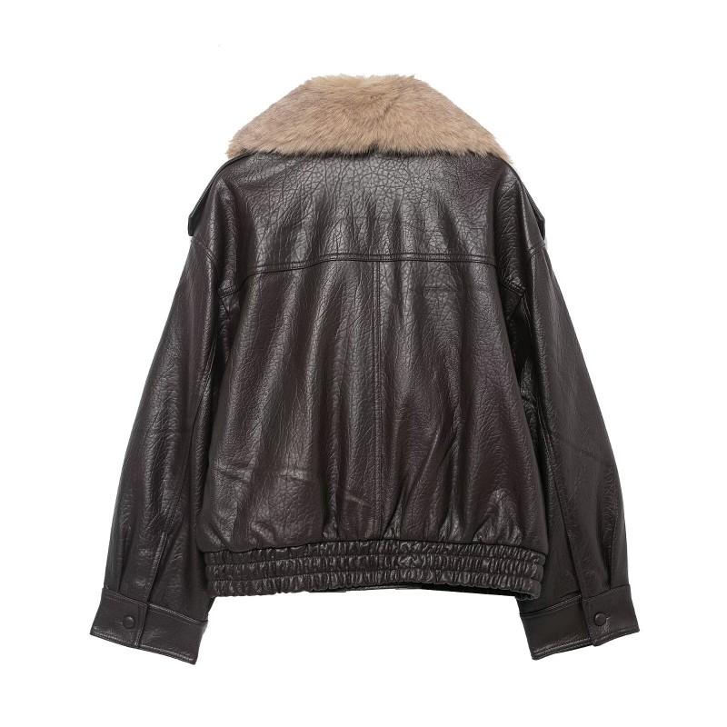 Womens Faux Leather Jacket Detachable Collar Casual Commute Coat