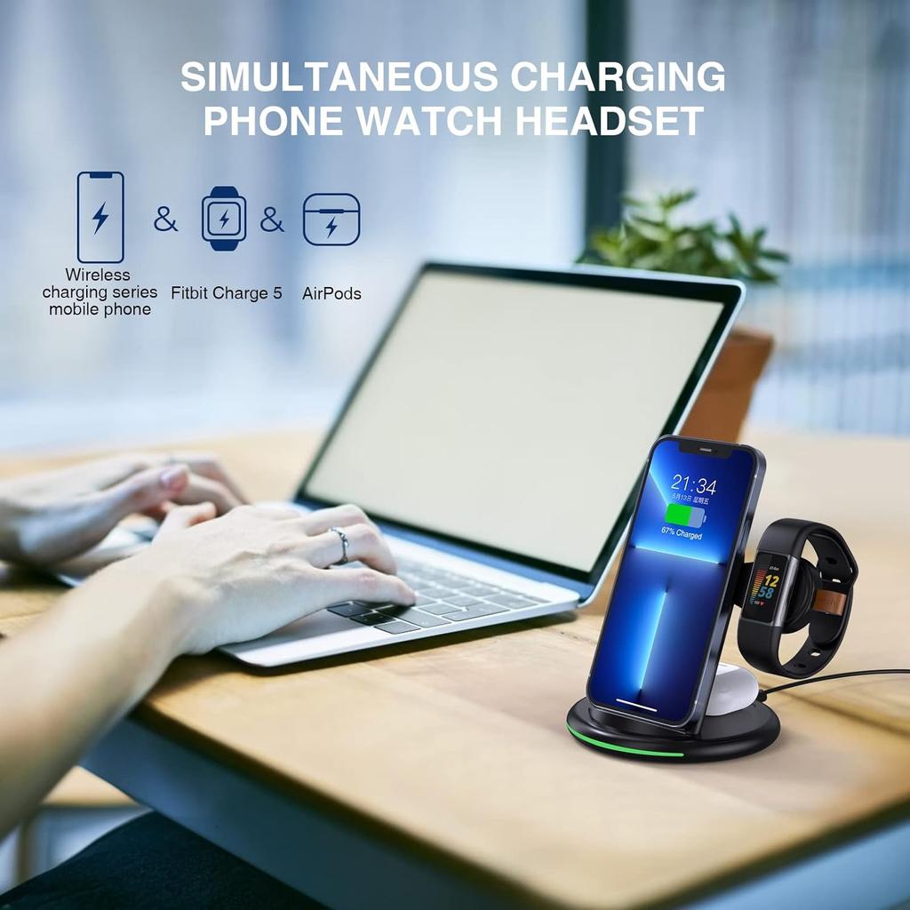 3 in 1 Wireless Charger for Fitbit Charge 6/5/Fitbit Luxe,Wireless Charging Station Compatible for iPhone 14/12 Pro Max/13/11/8, for Samsung Galaxy