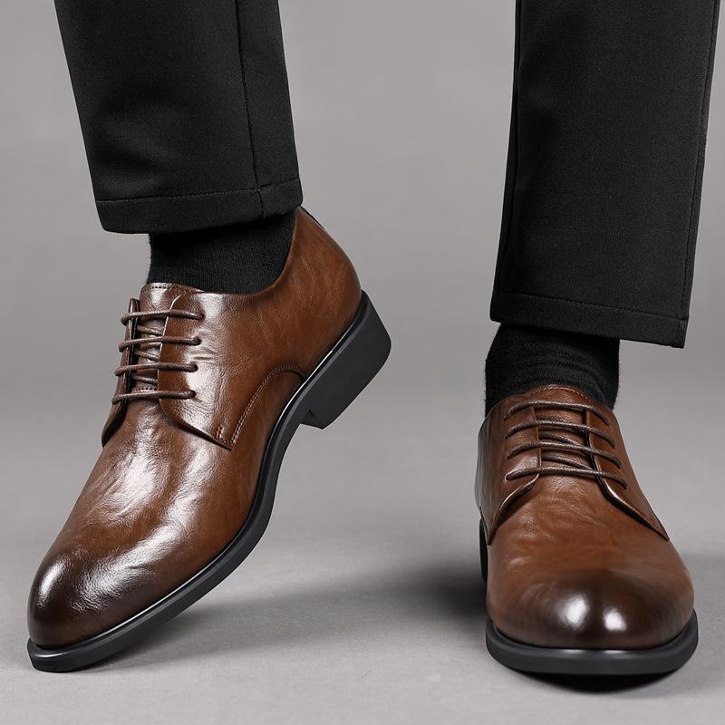 2025 Spring Autumn New Business Men's Dress Shoes Solid Color Fashion Solid Color Leather Shoes Male Lace Casual Increase Loafer