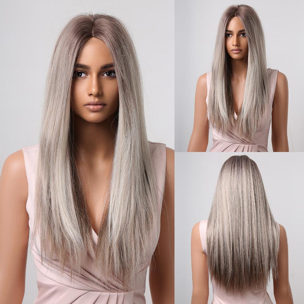 Long Straight Synthetic Wig with Bangs Dark Black Gray Hair Wigs for Women Cosplay Natural Hair Heat Resistant Layered Wigs