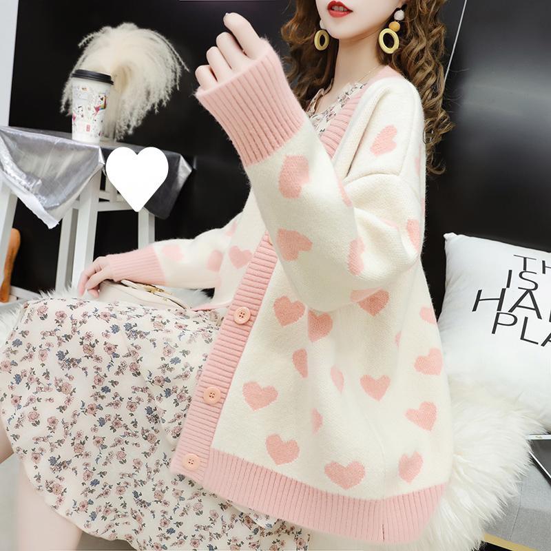 V-neck loose sweater jacket women's loose large size love gentle contrasting knitted top