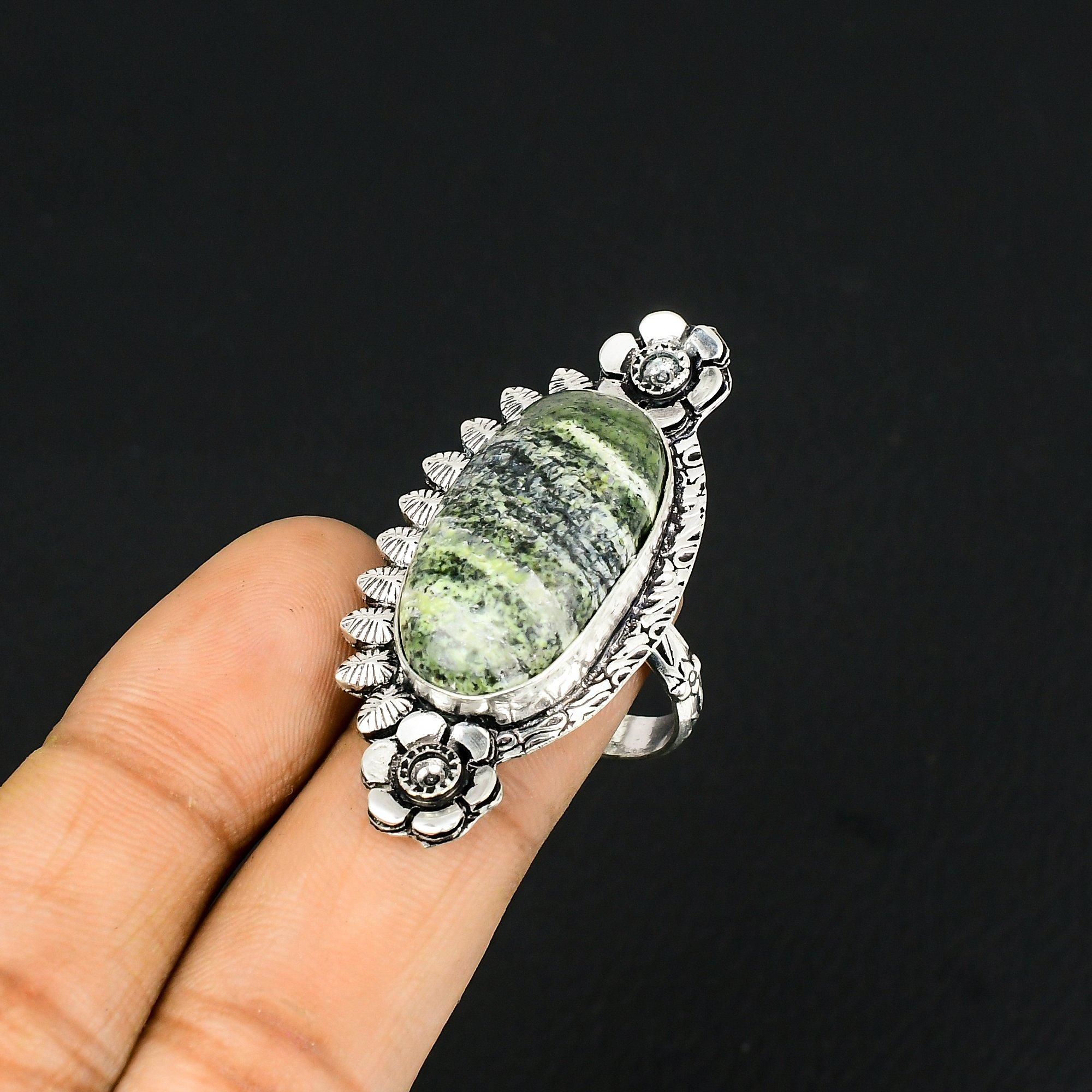 Gift For Her 925 Silver Natural Green Swiss Opal Promise Flower Ring Size 8.5 8.5