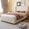 Upholstered Bed 90x200cm with Slatted Frame and Headboard, Button Upholstery & Rivet Embellishment, Wooden Legs, Elegant Design, Linen, Beige (without Mattress)