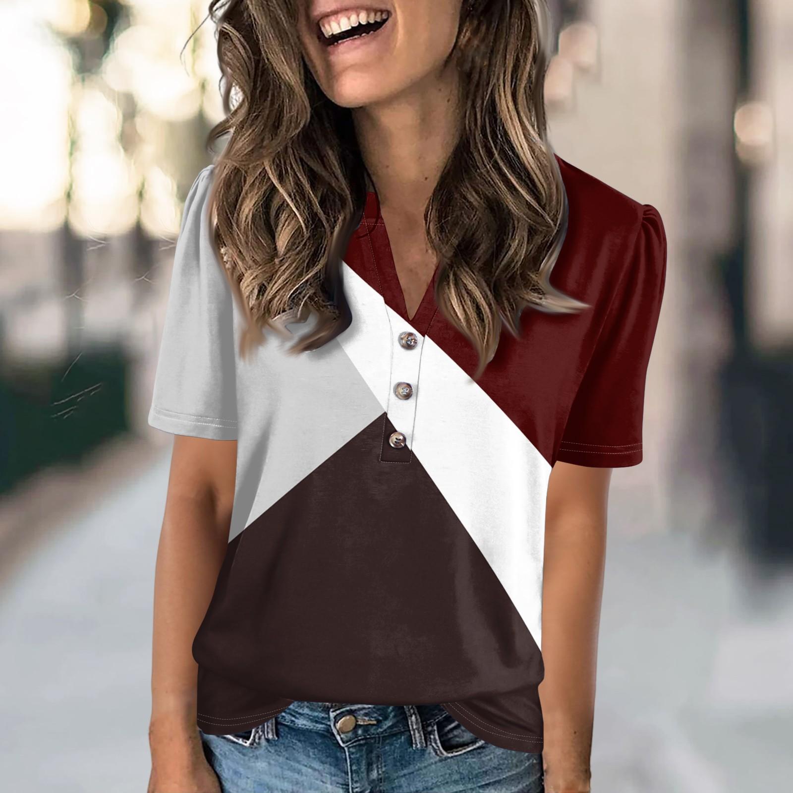

Женская модная повседневная футболка с цветными блоками и принтом в виде V-образного выреза с коротким рукавом и пуговицами L винный