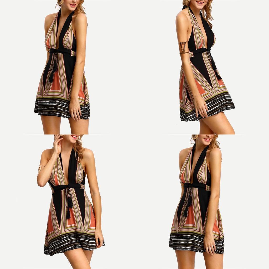 Sexy Deep Vneck Hanging Neck Short Skirt Womens Backless Beach Dress With Cotton Blend Fabric