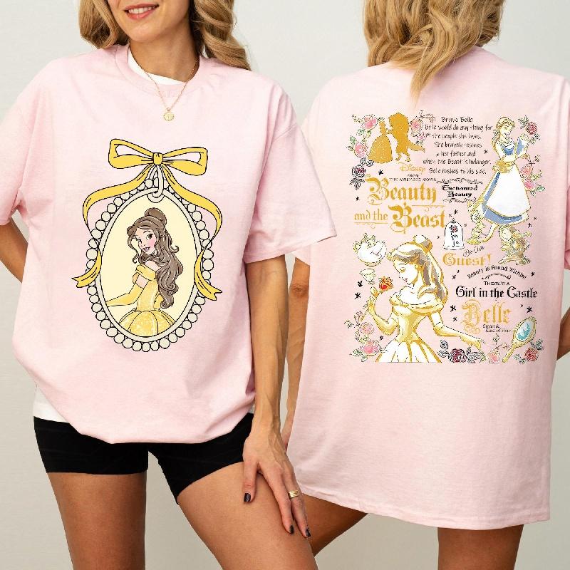 Maglietta Estiva Disney Retro Bellezza e la Bestia Racconto Antico Come il Tempo Cotone Stampata Maglietta Famiglia Disney Vestibilità Larga