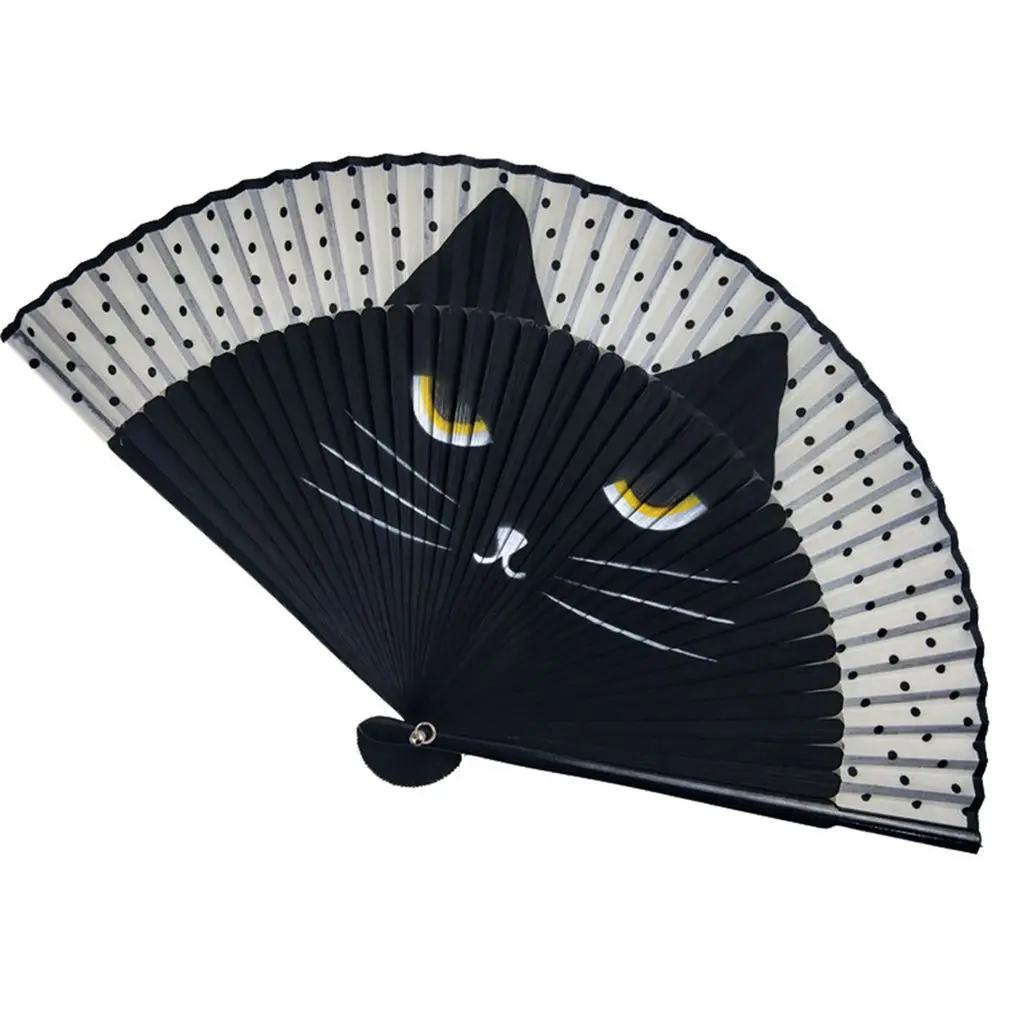 1 pcs Exiquisite Cat Patterns Summer Gift Cartoon Bamboo Wooden Folding Fan Fan Crafts Silk Fan Home Decoration