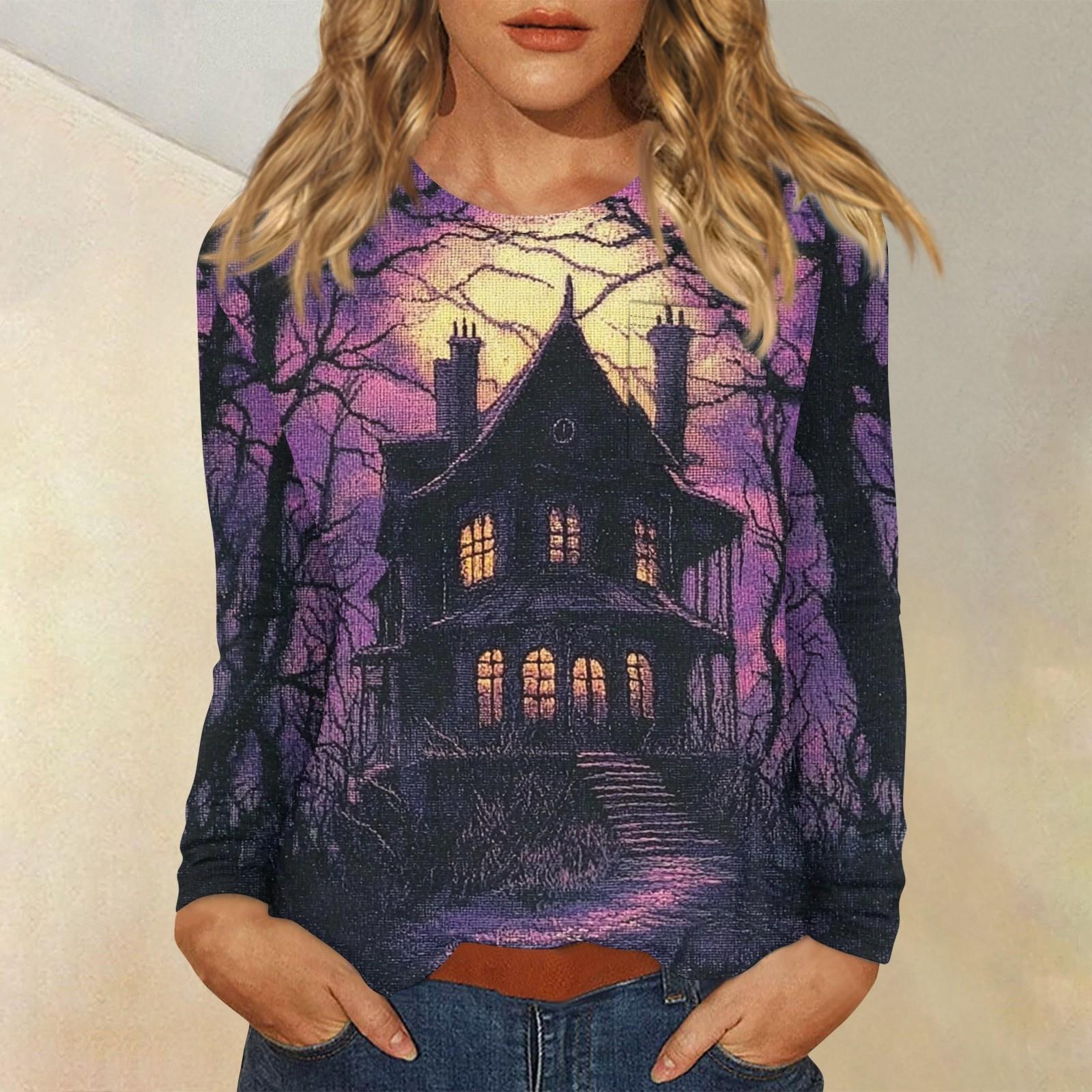 

Женская мода Повседневная ретро-принт с круглым вырезом и длинным рукавом Декоративная футболка Топ XXL