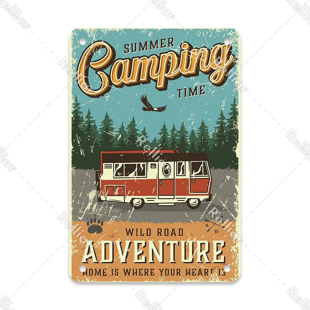 Retro Happy Camper Dekoracyjny Talerz Przygoda na Zewnątrz Metalowy Znak Blaszany Symbol Dzikiej Przyrody Ornament Plakat Dekoracja Domowego Baru Klubu Tablica