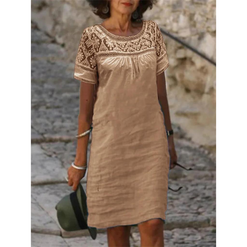 Women Lace Blouse Loose Dress Summer Female O-Neck Short Sleeve Lace  Cotton Linen Mini Party Dresses