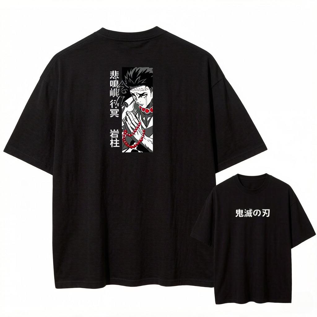 Summer Washed Vintage T Shirts Man Demon Slayer Anime Print Harajuku O-Neck Short Sleeved Tees Tops