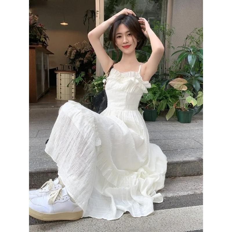 White Dress Women Sweet Ruffles Summer Sleeveless Princess Aesthetic A-line Sundress Holiday Leisure French Style Designed 2026